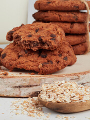 Chocolate cookies with milk. Sweet cookies. Homemade cookies. Delicious breakfast.