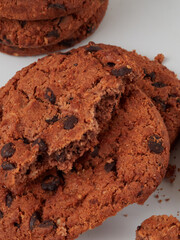 Chocolate cookies with milk. Sweet cookies. Homemade cookies. Delicious breakfast.