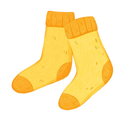 A pair of warm socks. Yellow-orange cozy socks. Illustration on a white background, hand-drawn digital graphics