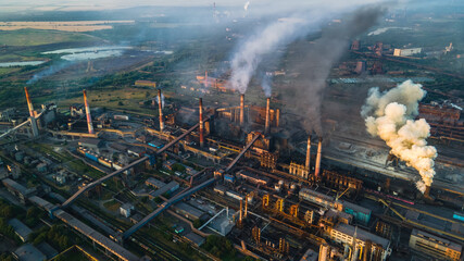 metallurgical plant heavy industry poor ecology top view smoke from chimneys smog
