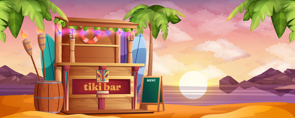 Wooden tiki bar on on sea beach at sunset. Vector cartoon hut with tribal masks, snacks and drinks. Tropical landscape with ocean, palm trees and cafe at evening. Exotic vacation and travel concept. - obrazy, fototapety, plakaty