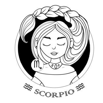 Scorpio Zodiac sign. Astrological black-white icons. A set of pretty girls with different hairstyles. Astronomy. Vector illustration isolated on white background.