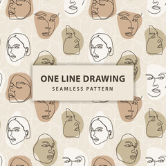 Continuous one line drawing woman face seamless pattern. Woman face line art