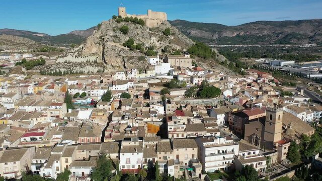 Aerial view of Castalla cityscape with ancient fortified castle, Alicante, Spain