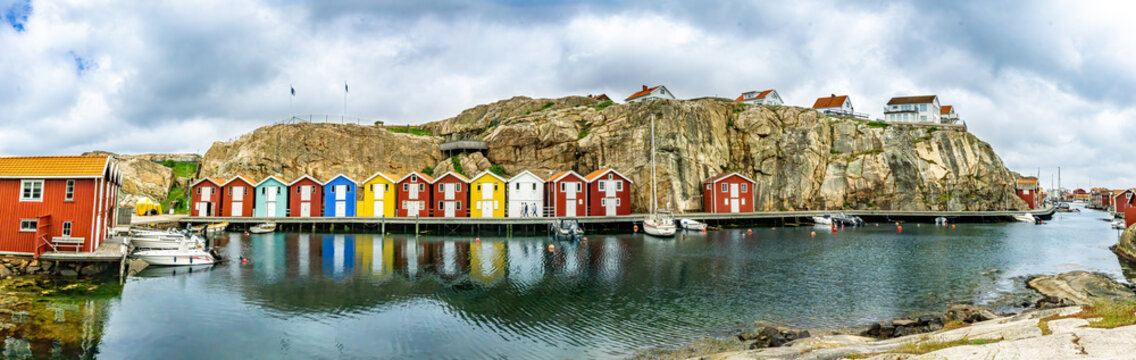 Panorama view onto the bay in Smogen, swedish island, with typical colorful fishing cottages