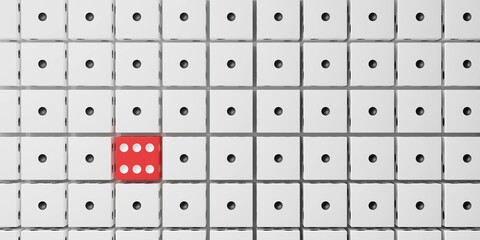 White dice showing number one with one red dice showing number six, standing out from the crowd, creativity or leadership business concept