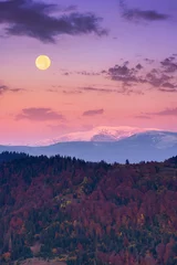 Foto op Plexiglas Koraal maan opkomst boven besneeuwde bergkam. prachtig herfstlandschap van de Karpaten in de late herfst. natuur landschap bij schemering