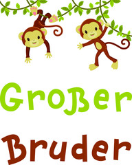 "Grosser Bruder" hand-drawn vector lettering in German, in English means "Big Brother". Cute little monkeys hanging on a tropical plant. Vector art 