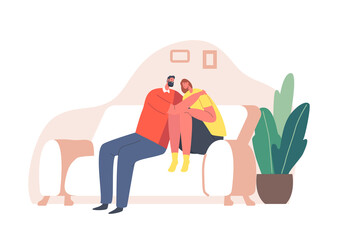 Loneliness, Anxiety, Empathy and Friendship Concept. Man Giving Comfort and Support to Woman Hug her Sitting on Couch