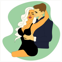 young couple, a husband embraces his wife in a dress, holds her by the waist, standing behind, on a green background. The faces are close to each other. A boy loves a blonde girl. Vector.