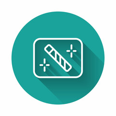 White line Photo retouching icon isolated with long shadow background. Photographer, photography, retouch icon. Green circle button. Vector