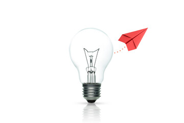 Light bulb with red paper plane on white background