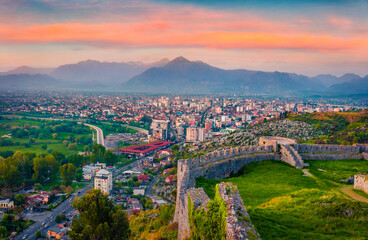 Spectacular evening view of Rozafa Castle. Incredible spring cityscape of Shkoder town. Attractive...