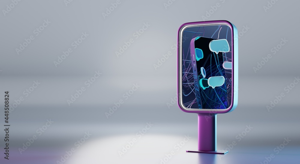 Poster billboard display with smartphone and dialog message icons on lcd screen. vertical purple stand or d