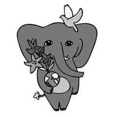 Isolated vector illustration black and white design of a cute elephant with pigeon holding a globe