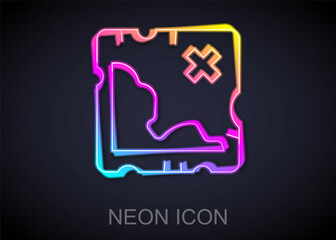 Glowing neon line Pirate treasure map icon isolated on black background. Vector