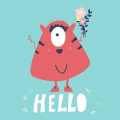 Happy cute cool cartoon monster. flat. red and horned vector monster character with flowers. Children s drawing, can be used as a print for clothes.