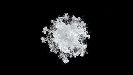 White Color burst - smoke powder circle particle explosion. Pulsating shockwave particles in slow motion. Fluid ink alpha matte isolated on black 4k