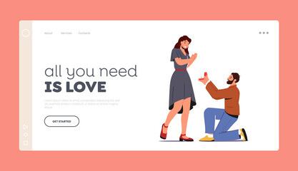 Engagement, Love, Loving Relations Landing Page Template. Young Man Standing on Knee with Ring in Hand Making Proposal