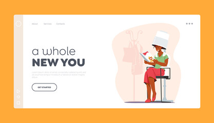 Girl in Beautician Parlor Landing Page Template. Young Woman Visiting Beauty Salon. Female Character Reading Magazine