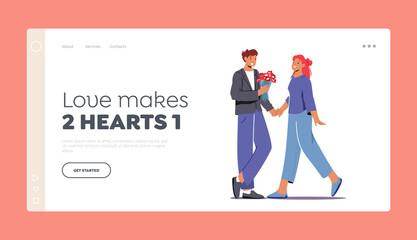 Love, Human Relation, Couple Dating Landing Page Template. Man Give Present to Girlfriend. Girl Get Flowers Bouquet