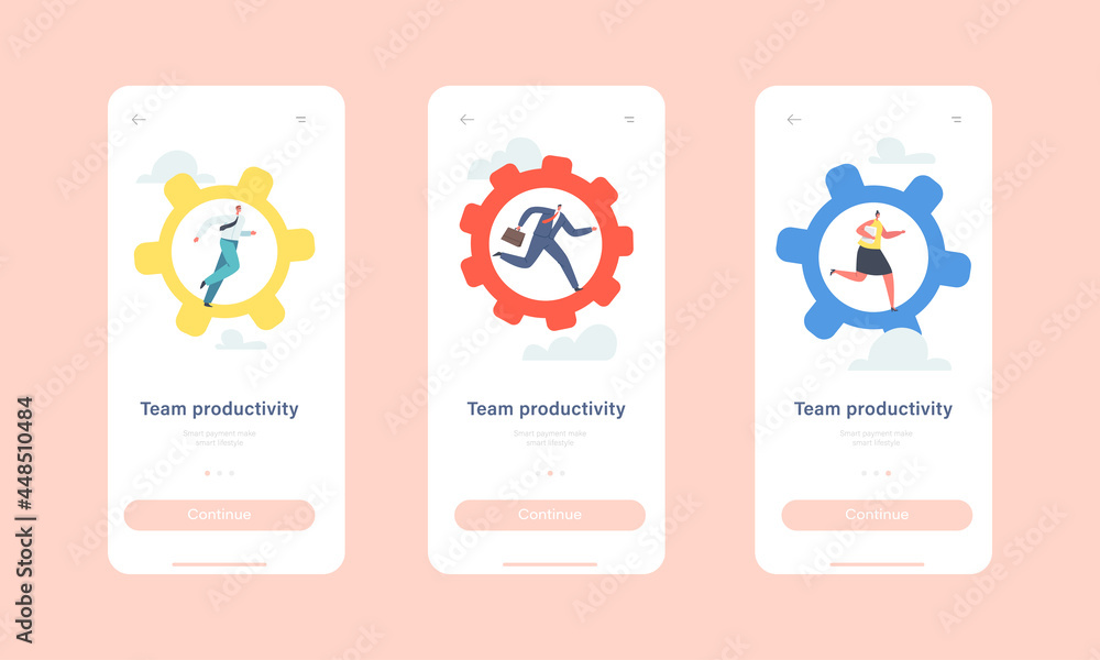 Poster team productivity mobile app page onboard screen template. tiny characters move huge cogwheels. busi