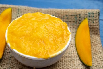 Closeup of Ripe Mango Pulp in Bowl on Burlap Fabric