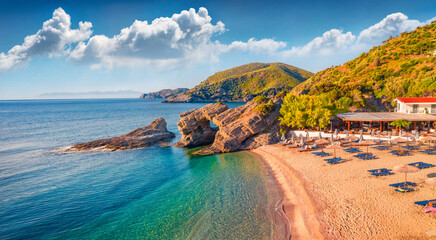 Spectacular morning view of Kama beach in Kalamos village. Sunny outdoor scene of Euboea island, Greece, Europe. Calm summer seascape of Aegean sea. © Andrew Mayovskyy