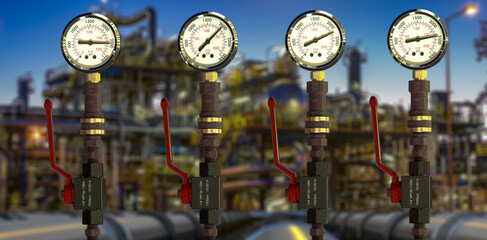 Row of gas pression gauge meters on gas pipeline
