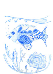Underwater world with watercolors. Illustration in the style of gzhel.