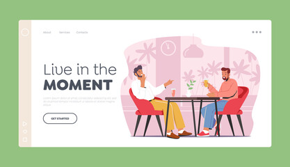 Friends Meeting in Cafe Landing Page Template. Male Characters Sitting in Modern Restaurant Chatting, Drink Beverages