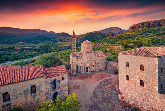 Stunninf summer view of Mourtzinos Tower. Wonderful evening cityscape of Kardamyli town, municipality of Lefktro in region of Messenia on Mani Peninsula. Amazing sunrise in Peloponnese, Greece.