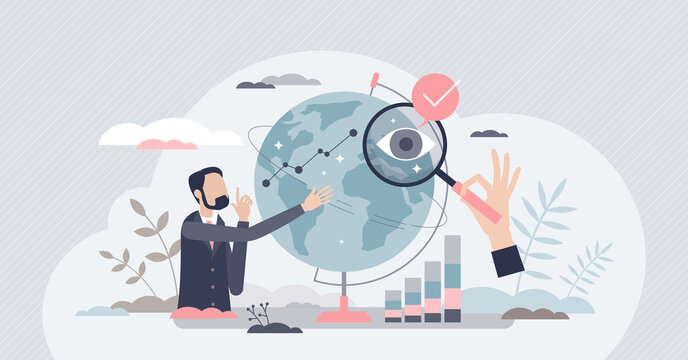 Global market analysis and international financial growth tiny person concept. Finance chart with development tendency as economy progress vector illustration. Statistics and rating review research.