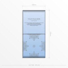 Rectangular Blue color postcard template with luxurious black patterns. Print-ready invitation design with vintage ornaments.