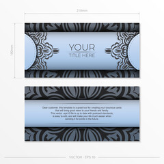 Rectangular postcards in light blue with luxurious black patterns. Invitation card design with vintage ornament.