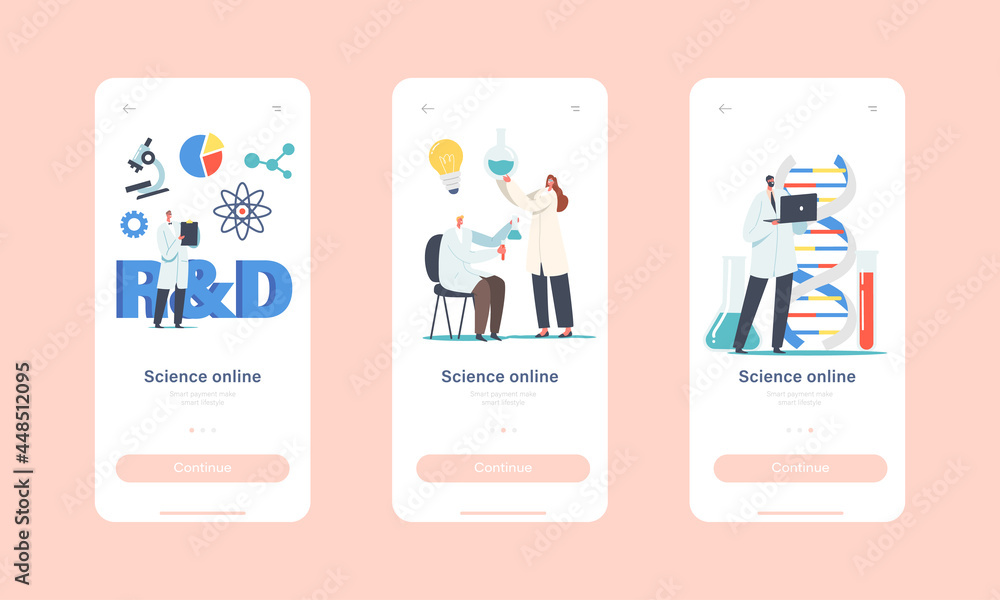 Poster science online mobile app page onboard screen template. medicine scientists characters working with 