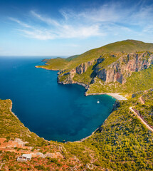 Fototapeta na wymiar View from flying drone of Damos Beach. Stunning summer scene of Peloponnese peninsula, Greece, Europe. Captivating morning seascape of Myrtoan Sea. Beauty of nature concept background..
