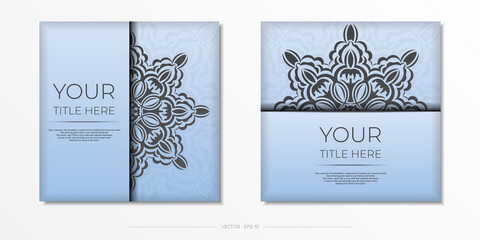 Square vector postcards in blue color with luxurious black ornaments. Invitation card design with vintage patterns.