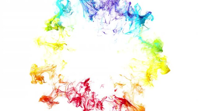 Multiple iridescent multicolored circle particle explosions. Vivid rainbow colored powder smoke pulsating shockwave paint. 4k logo copy space animation with alpha. Isolated on white VJ loop copyspace