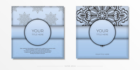 Fototapeta premium Square Vector Light blue color postcard preparation with luxurious black patterns. Template for print design invitation card with vintage ornament.