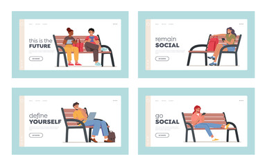 Characters Sitting on Bench with Gadgets Landing Page Template Set. Young Men and Women Communicating Online