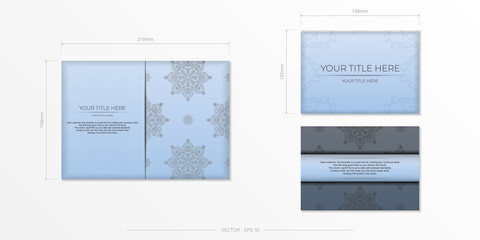 Rectangular Prepare blue postcards with luxurious black ornaments. Vector Template for printing design invitation card with vintage patterns.