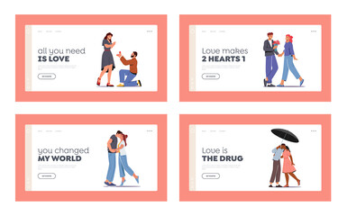 Couples in Love Landing Page Template Set. Loving Man and Woman Kiss under Umbrella, Girl Getting Bouquet, Proposal