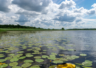 landscape with a river, in the foreground a sup board with a yellow, waterproof rubber bag