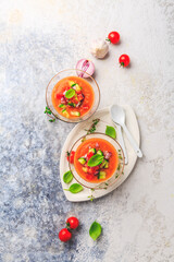 Homemade Spanisch Gazpacho - cold vegetable soup with ingredients