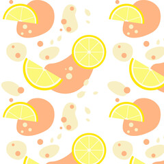 Seamless pattern with yellow lemons and seeds. Pink abstract shapes. Fabric, textile. Vector illustration 8 eps