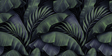 Tropical exotic seamless pattern. Night blue green gradient banana leaves, palm. Hand-drawn dark vintage 3D illustration. Nature abstract background art design. Good for luxury wallpapers, clothes - 448513265