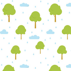 Seamless pattern with green trees, clouds and drops. Vector illustration 8 eps