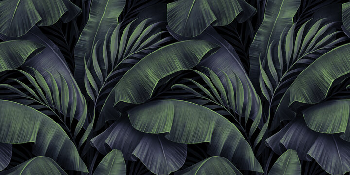 Tropical exotic seamless pattern. Night blue green gradient banana leaves, palm. Hand-drawn dark vintage 3D illustration. Nature abstract background art design. Good for luxury wallpapers, clothes