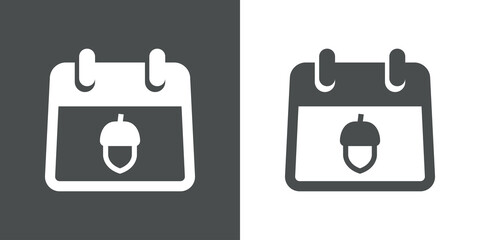Icono plano con silueta de bellota de roble en calendario sencillo en fondo gris y fondo blanco